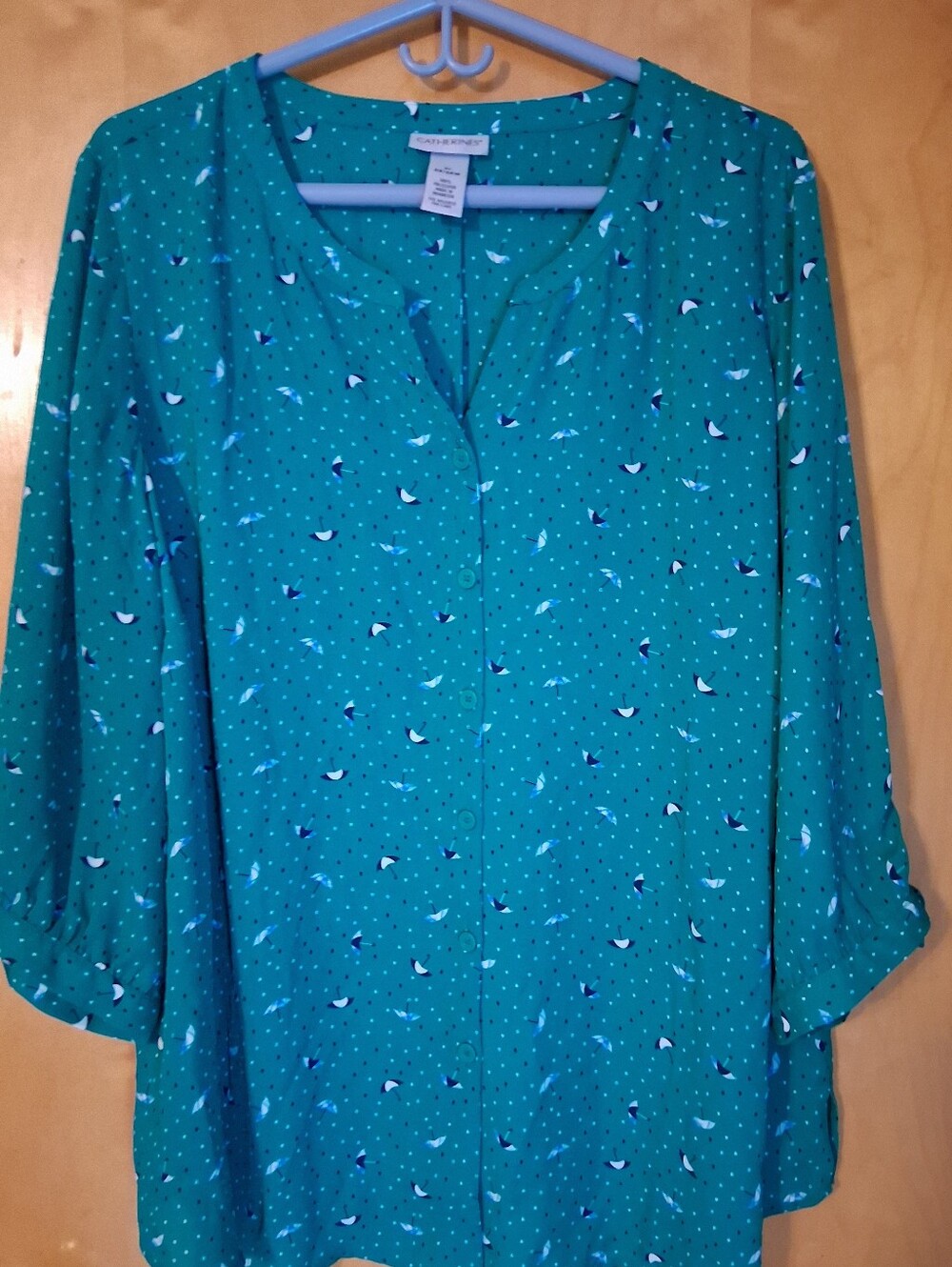 Catherines Teal Green Umbrella Print Button-Front Blouse